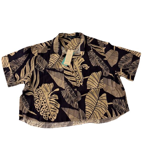Shore Tops - Shore Raw Hem Short Sleeve Navy Nautical Palm Shirt Womens Medium NWT MSRP $118